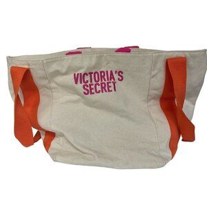 Victoria’s Secret Orange Pink Beige Canvas Beach Tote Bag
